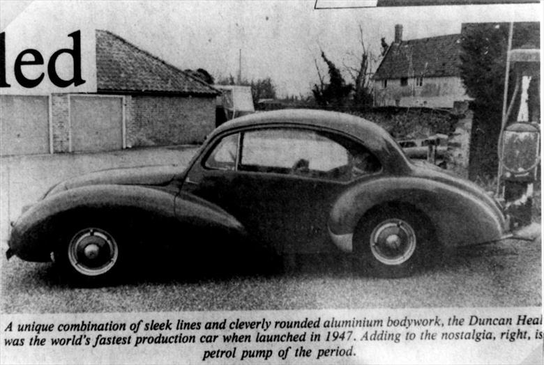 Photograph. Duncan Industries (Engineers) Ltd. Park Hall, New Road, North Walsham. The Healey-Duncan, fastest production car in 1947. (North Walsham Archive).