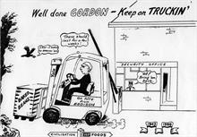 Cartoon drawn by Claud Appleton for the retirement of Gordon Gee after 43 years at the Canning Factory