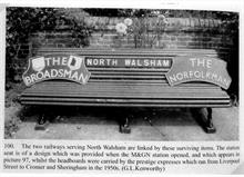 North Walsham Railway memorabilia. Original bench of M&GN and express headboards.