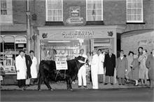 Prize Bull outside Sexton Butchers in North Walsham Market Place
