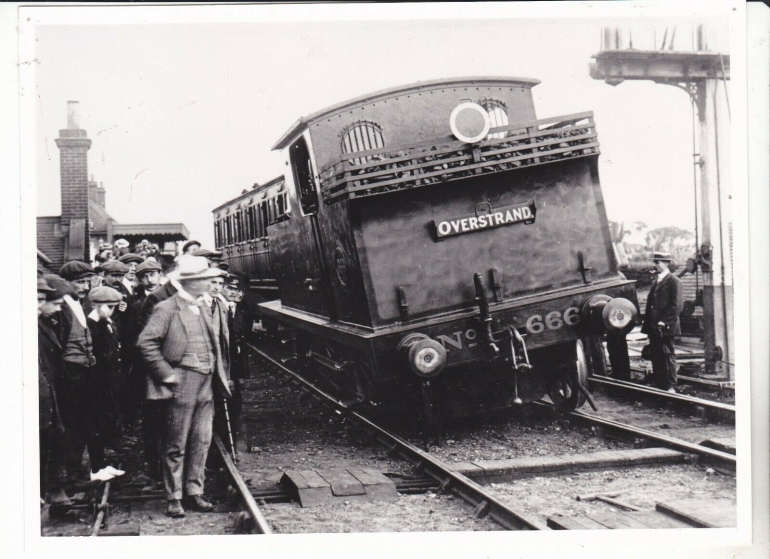 Photograph. Derailment of the 666 locomotive, at North Walsham's Great Eastern Railway Station. (North Walsham Archive).