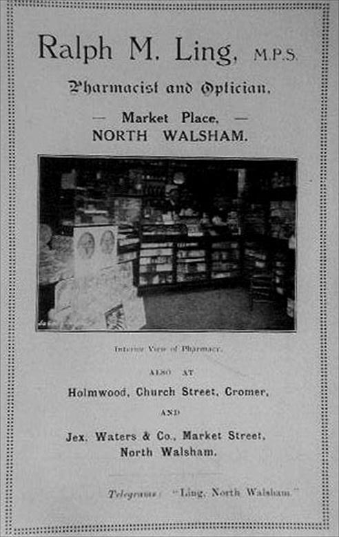 Photograph. Advert from the 1927 Town Guide showing the interior of Ling's Chemist at 13 Market Place, North Walsham. (North Walsham Archive).