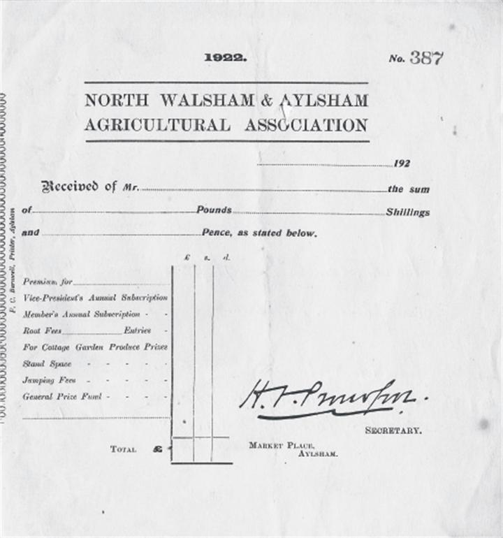 Photograph. Blank receipt from North Walsham and Aylsham Agricultural Association. (North Walsham Archive).