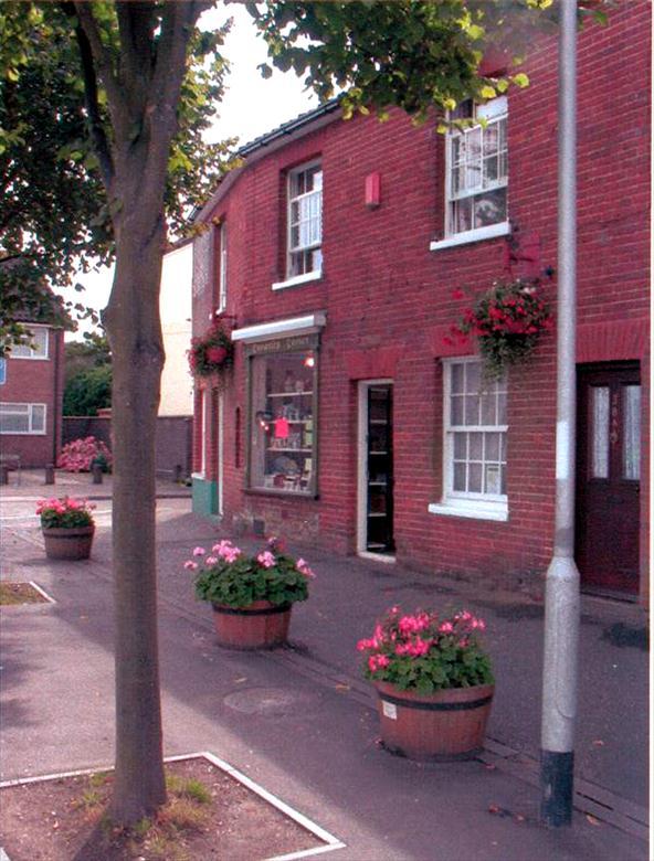 Photograph. Corner of Vicarage Street, North Walsham, featuring Mrs Trish Taylor's "Curiosity Corner". (North Walsham Archive).