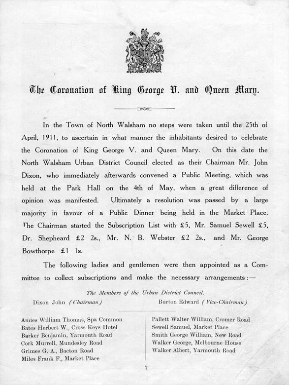 Photograph. Coronation of George V, June 22nd., 1911 - first page of commemorative pamphlet . (North Walsham Archive).
