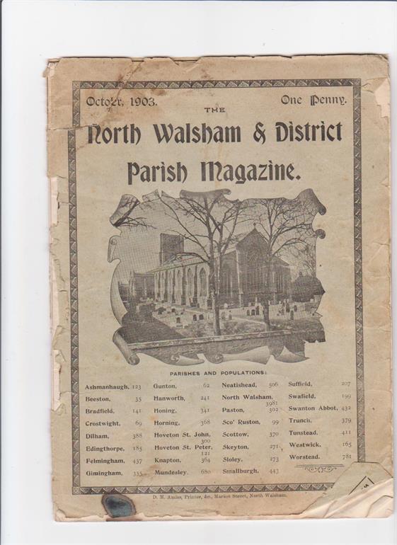 Photograph. The cover of the 1903 parish magazine showing population of N.W and the surrounding villages (North Walsham Archive).