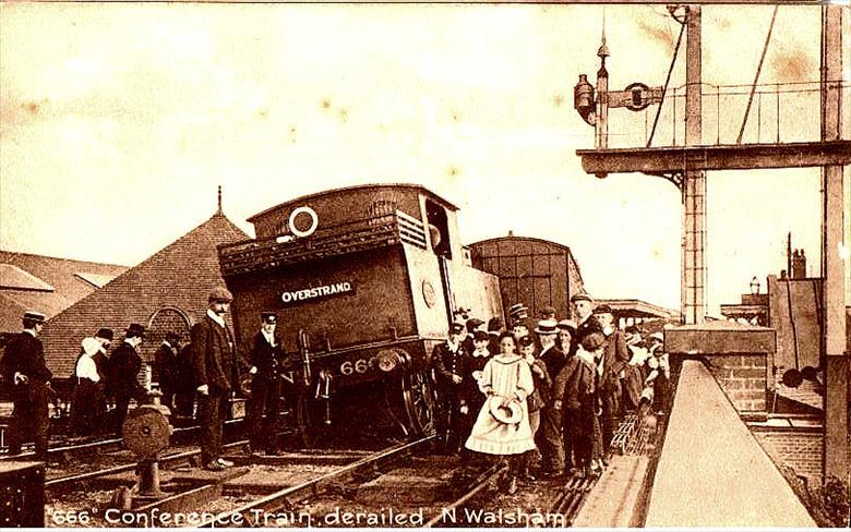 Photograph. Derailment of the 666 locomotive, at North Walsham's Great Eastern Railway Station. (North Walsham Archive).