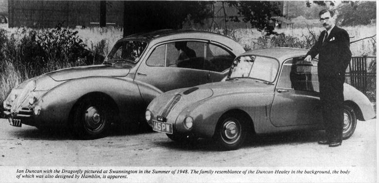 Photograph. Duncan Industries Engineers Ltd. Ian Duncan standing before a Duncan Dragonfly with a Duncan Healey in the background at Swannington. (North Walsham Archive).