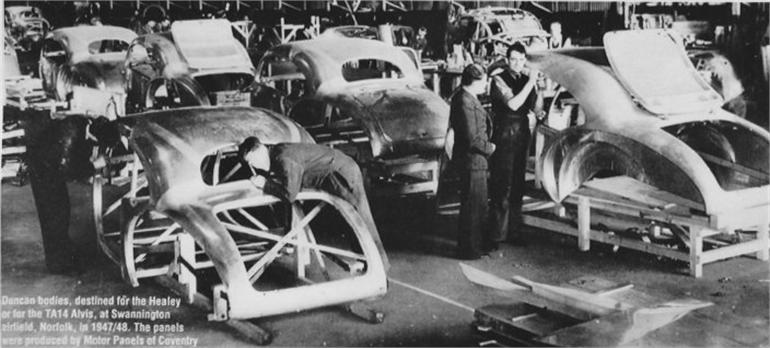 Photograph. Duncan Industries at Swannington, making Alvis Duncan and Duncan Healey bodies.
Mike Ling Collection. (North Walsham Archive).
