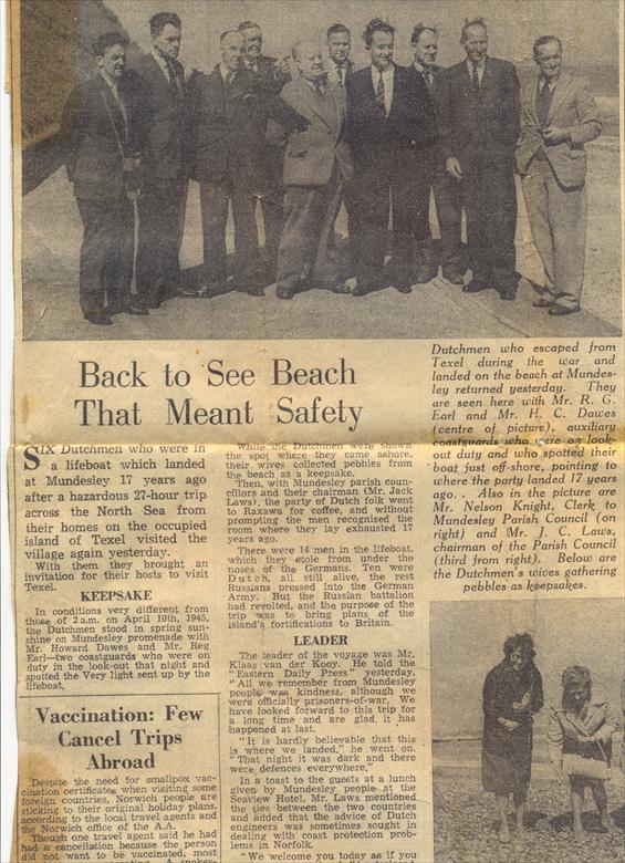 Photograph. EDP Dutchmen reunited with coastguards at mundesley. (North Walsham Archive).