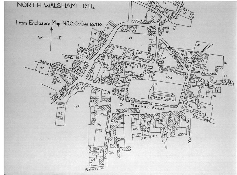 Photograph. Enclosure Map of North Walsham, 1814. By this time, most of the market stalls had been replaced by brick buildings. (North Walsham Archive).
