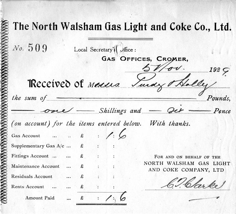 Photograph. Gas bill from North Walsham Gas Light and Coke Co (North Walsham Archive).