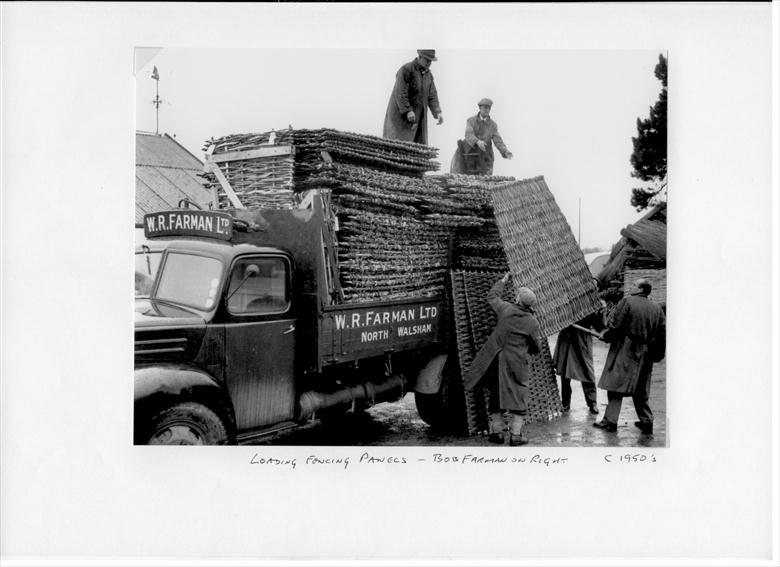 Photograph. Loading fence panels at Farman's Thatchers, Cherry Tree Lane, North Walsham. Bob Farman on right. (North Walsham Archive).