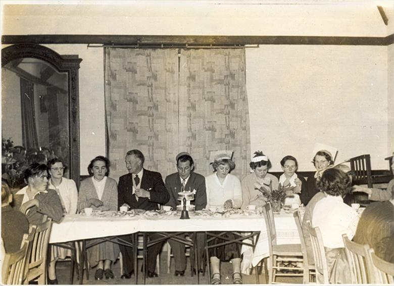 Photograph. Mundesley Youth Club Committee 1954- 1955 A.Gotts, Mrs. Parrot, V.Ward, Mr. Twiddy(Mundesley School Head),J.Wye, J.Cox, E. Gotts, M. Earl, S. Earl. (North Walsham Archive).