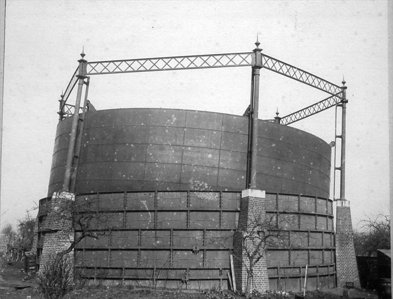 Photograph. North Walsham Gas Works, Mundesley Road. Gale damage to the Gasometer in March 1895. Photo by Maclean (North Walsham Archive).