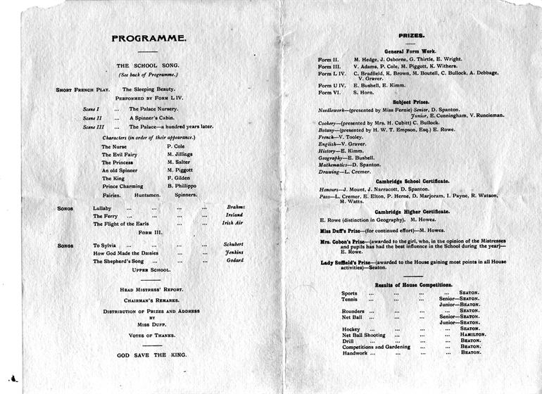 Photograph. North Walsham Girls High School prize giving programme detail
Contributor: Carol Needham (North Walsham Archive).