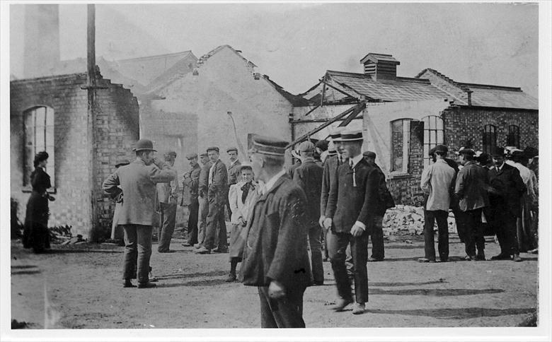 Photograph. North Walsham Steam Laundry after the fire of 1906 (North Walsham Archive).