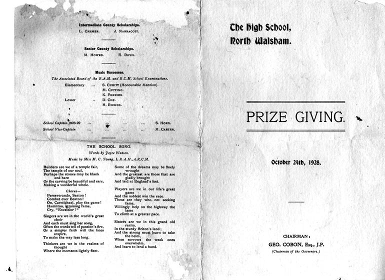 Photograph. Programme for 1928 Prize giving ceremony, NWGHS 1928
Contributor: Carol Needham (North Walsham Archive).