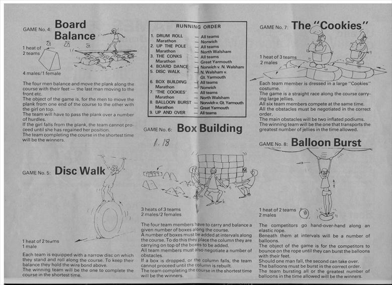 Photograph. Programme of Games in North Walsham's successful heat against Norwich and Great Yarmouth in Jeux Sans Frontieres. (North Walsham Archive).