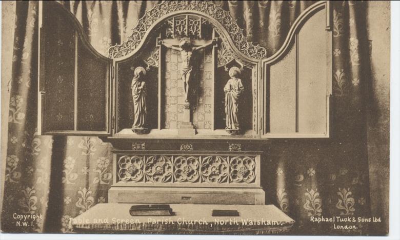 Photograph. Table and screen in Memorial Chapel St.Nicholas Church. (North Walsham Archive).